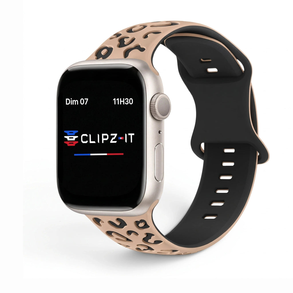 Correa Fauve de silicona con estampado de pantera, vista frontal - Apple Watch | Clipz-it