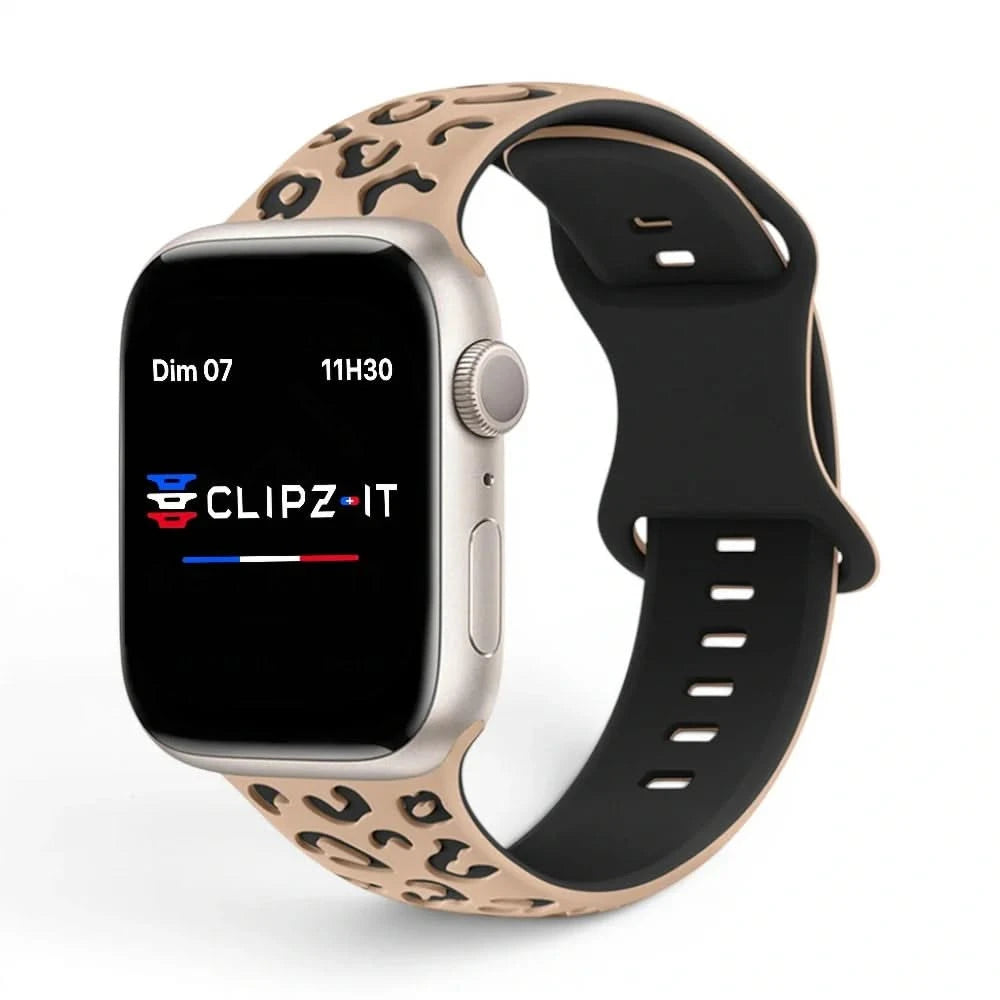 Bracelet Fauve silicone imprimé panthère, vue de face - Apple Watch | Clipz-it