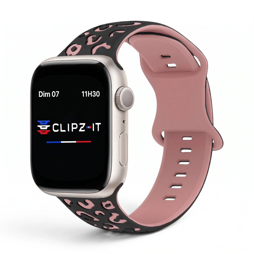 Correa Fauve de silicona con estampado rosa, vista frontal - Apple Watch | Clipz-it