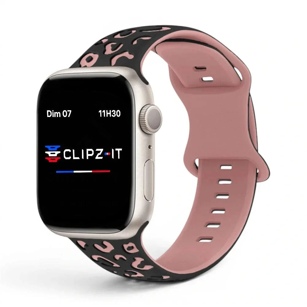 Bracelet Fauve silicone imprimé rose, vue de face - Apple Watch | Clipz-it