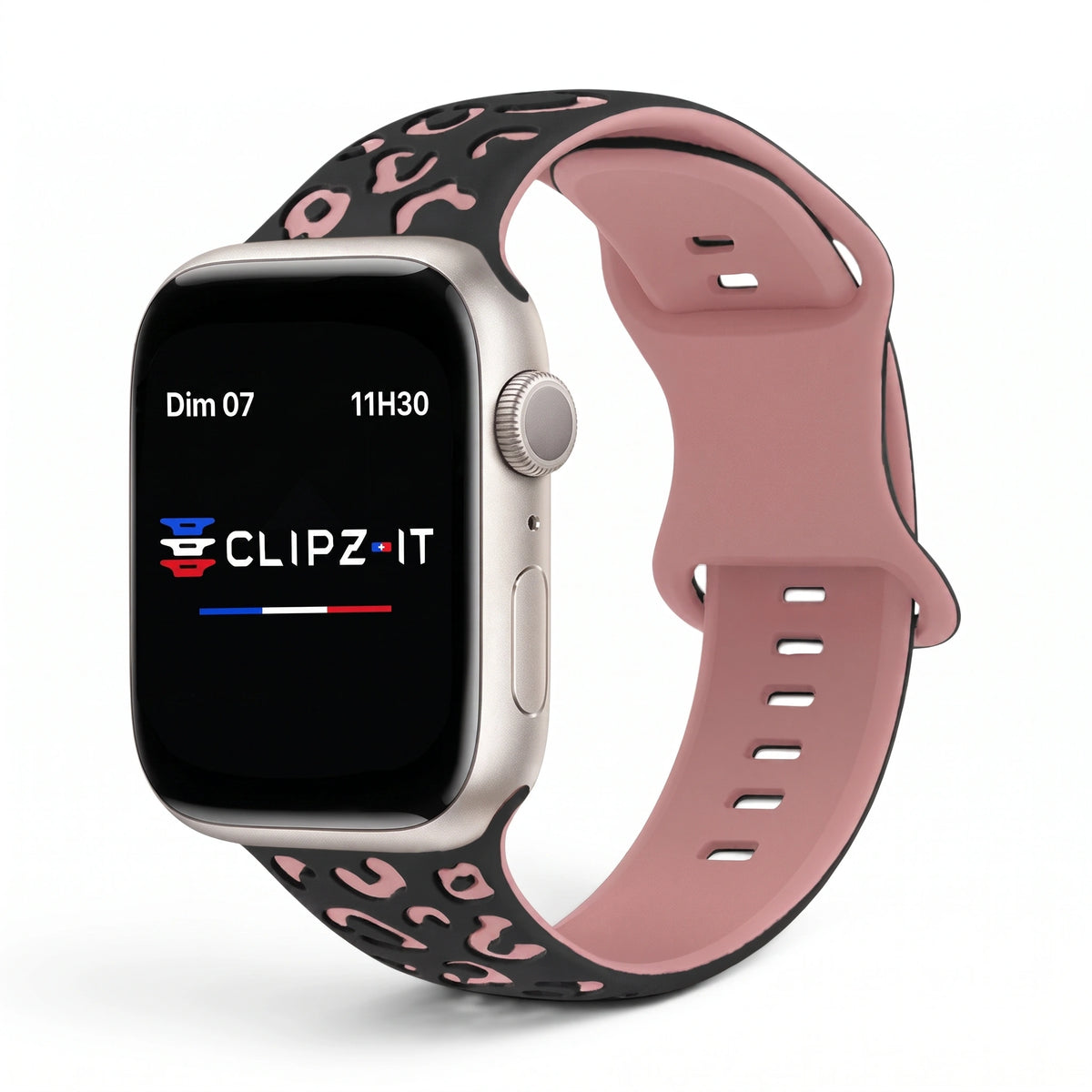 Correa Fauve de silicona con estampado rosa, vista frontal - Apple Watch | Clipz-it