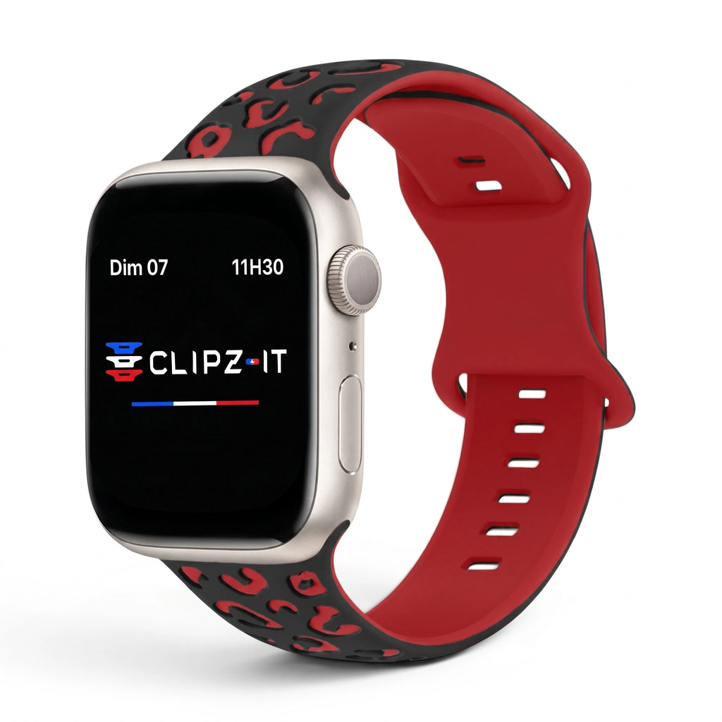 Correa Fauve de silicona con estampado rojo, vista frontal - Apple Watch | Clipz-it