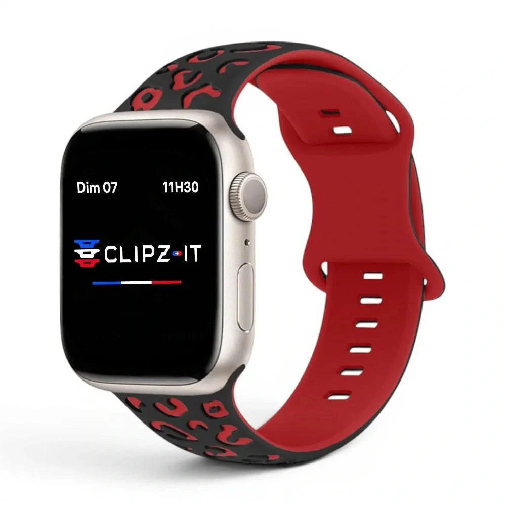 Bracelet Fauve silicone imprimé rouge, vue de face - Apple Watch | Clipz-it