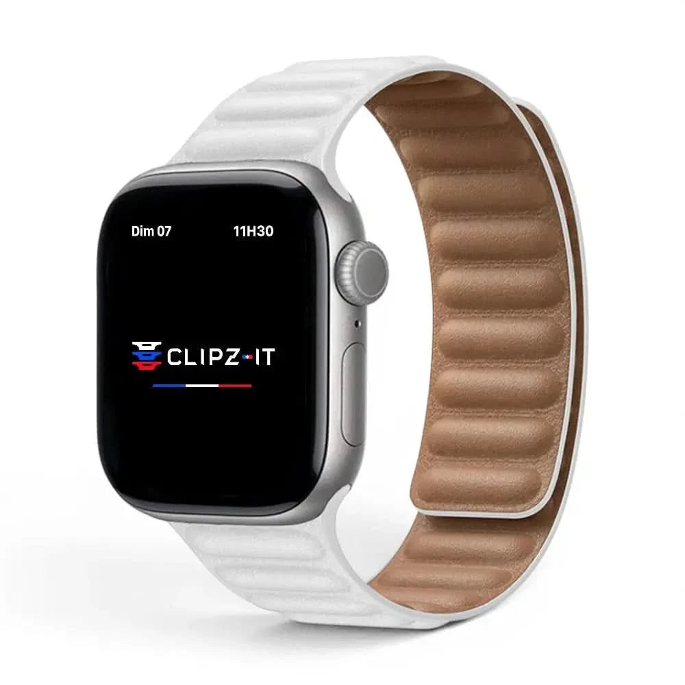 Bracelet Havane cuir blanc, vue de face - Apple Watch | Clipz-it