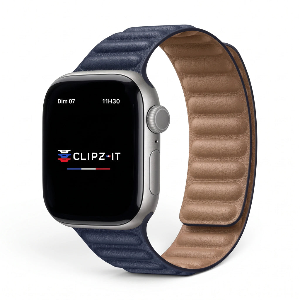 Bracelet Havane cuir bleu nuit, vue de face - Apple Watch | Clipz-it