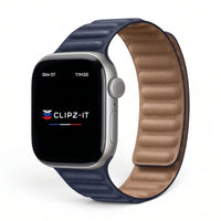 Bracelet Havane cuir bleu nuit, vue de face - Apple Watch | Clipz-it