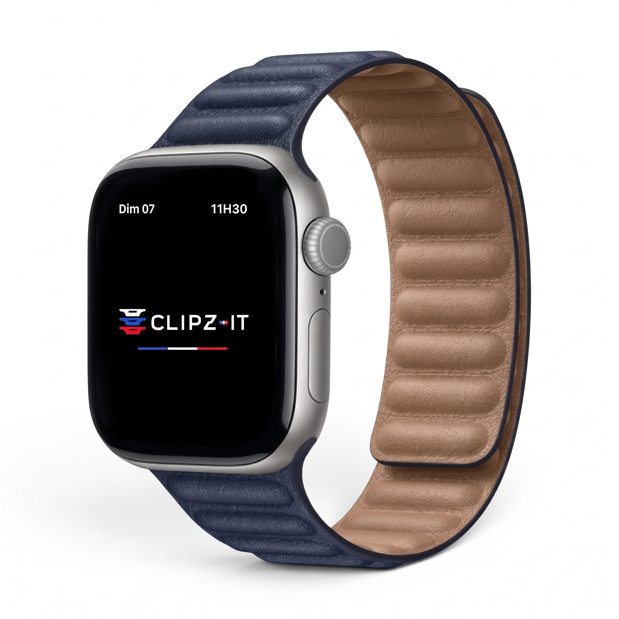 Bracelet Havane cuir bleu nuit, vue de face - Apple Watch | Clipz-it
