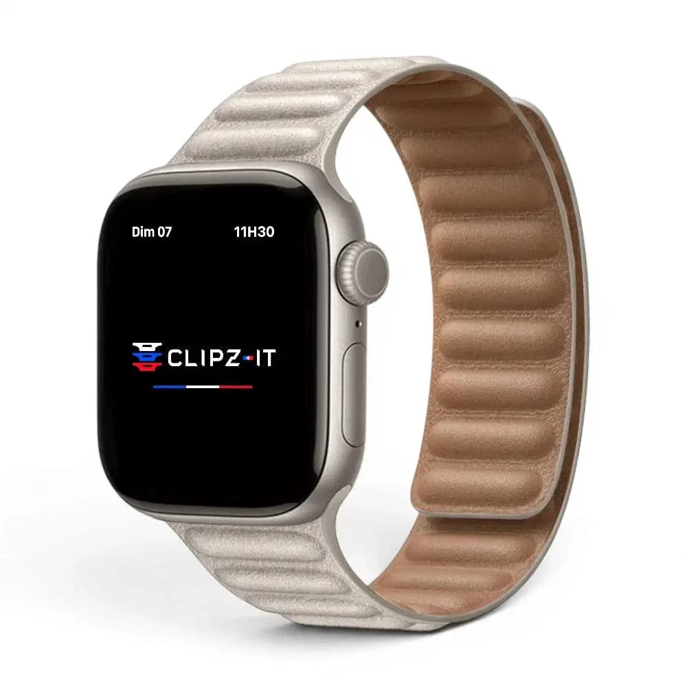 Bracelet Havane cuir lumière stéllaire, vue de face - Apple Watch | Clipz-it