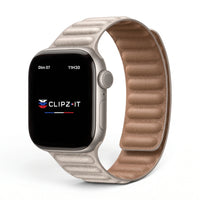 Bracelet Havane cuir lumière stéllaire, vue de face - Apple Watch | Clipz-it