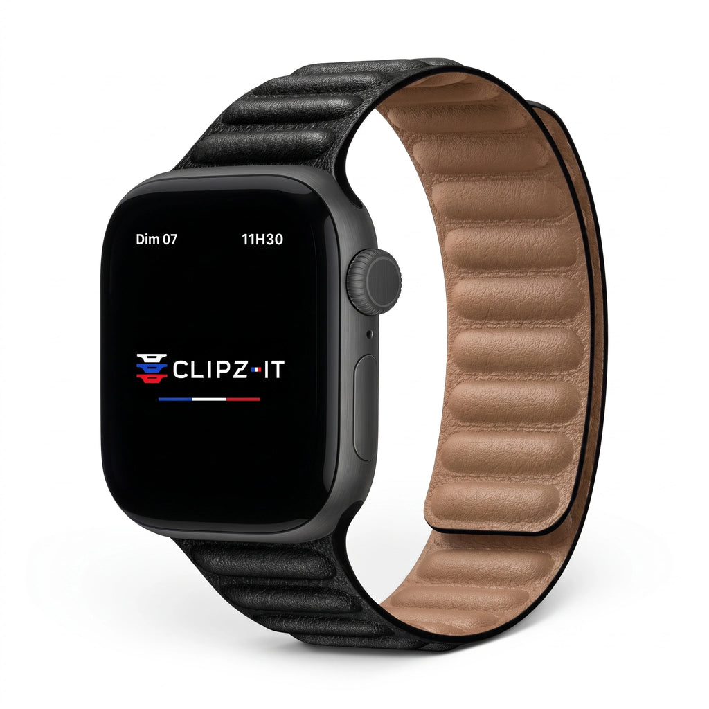 Bracelet Havane cuir noir, vue de face - Apple Watch | Clipz-it