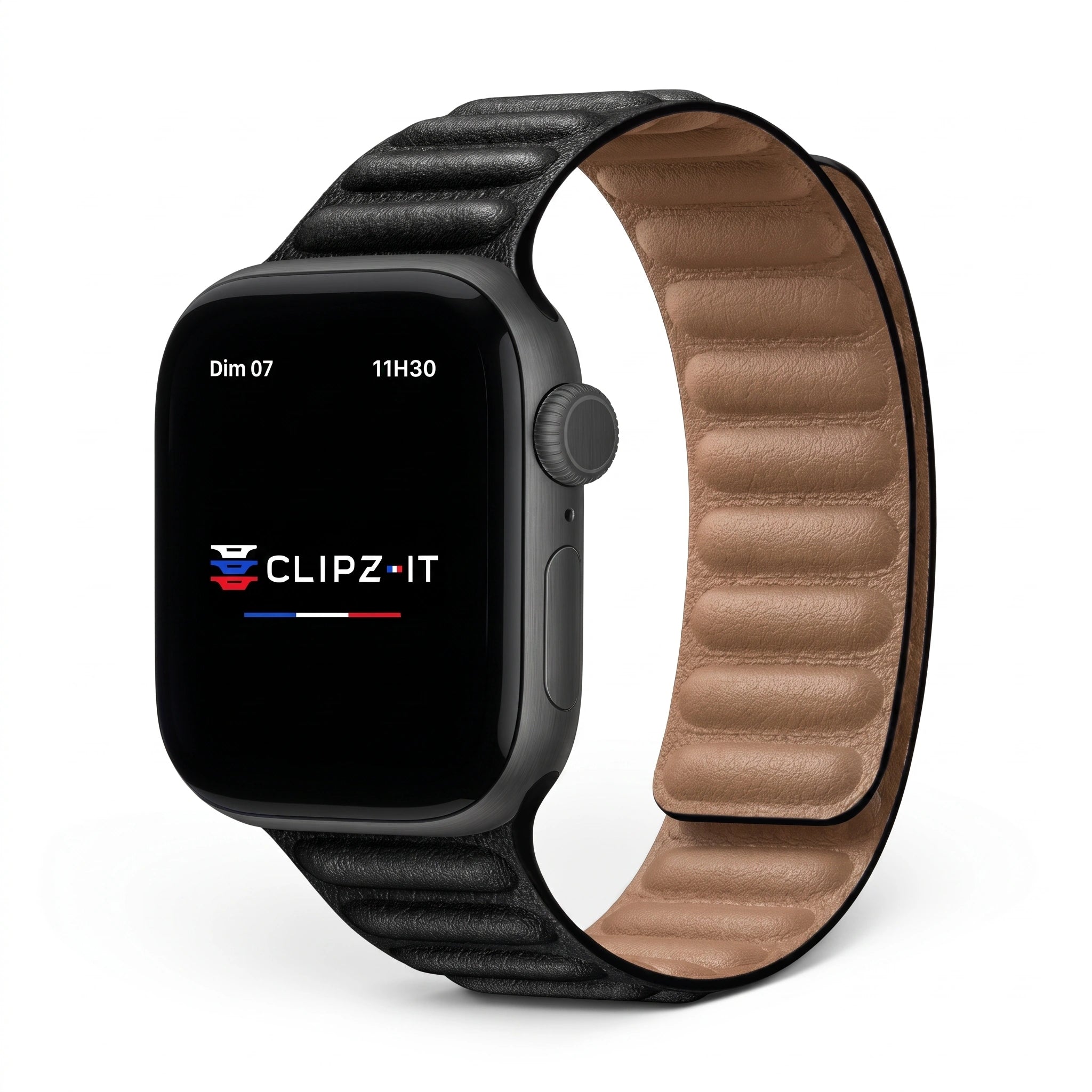 Bracelet Havane cuir noir, vue de face - Apple Watch | Clipz-it