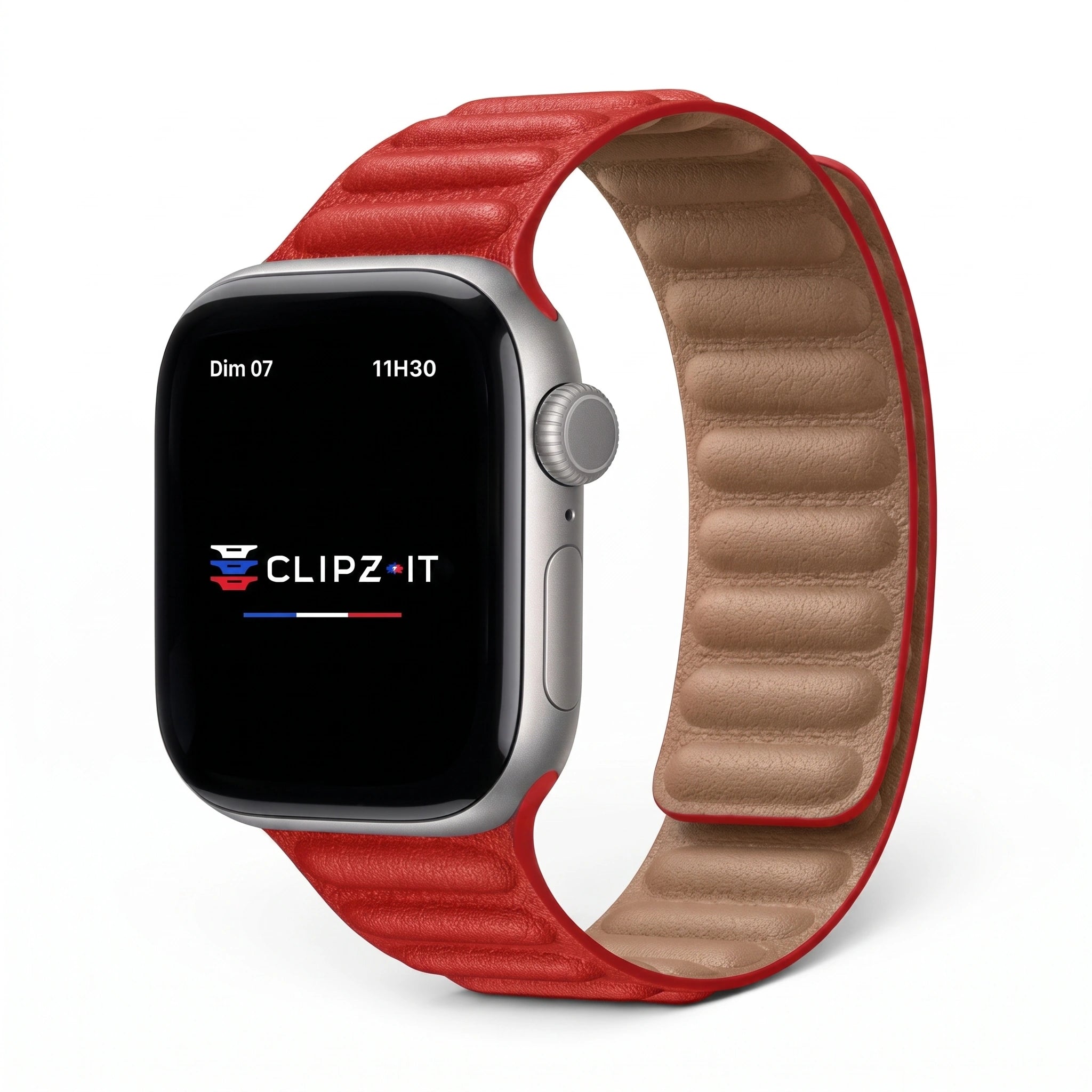 Bracelet Havane cuir rouge, vue de face - Apple Watch | Clipz-it