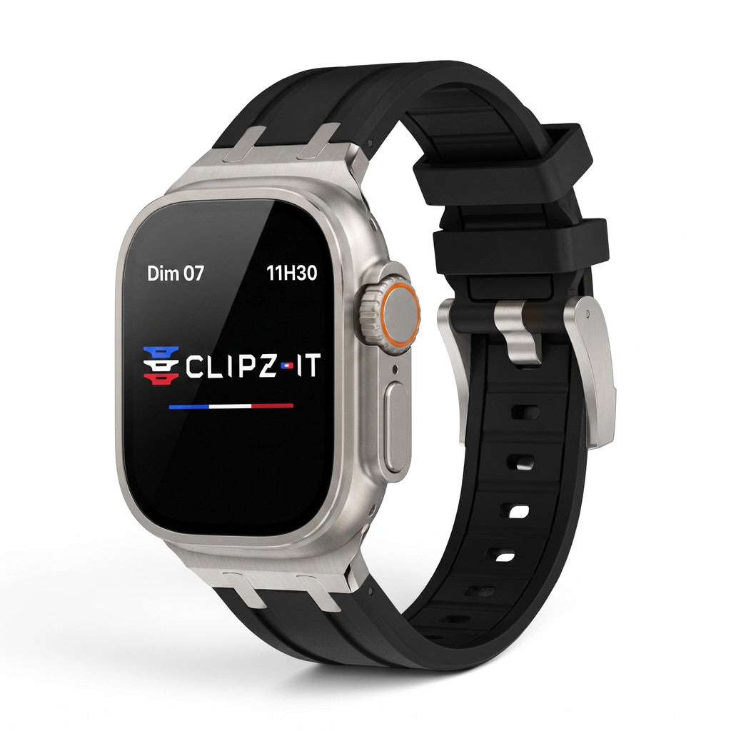 Bracelet Kratos silicone renforcé noir, vue de face 2 - Apple Watch | Clipz-it