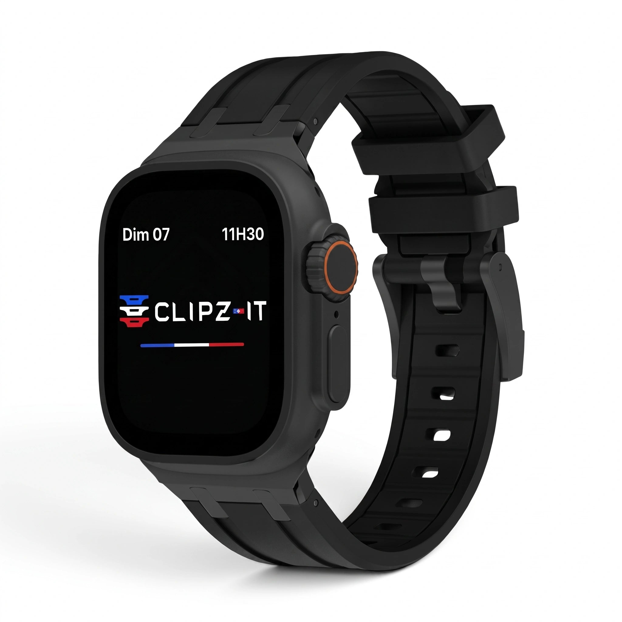 Bracelet Kratos silicone renforcé noir, vue de face - Apple Watch | Clipz-it