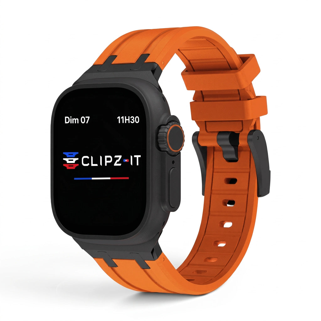 Bracelet Kratos silicone renforcé orange, vue de face - Apple Watch | Clipz-it