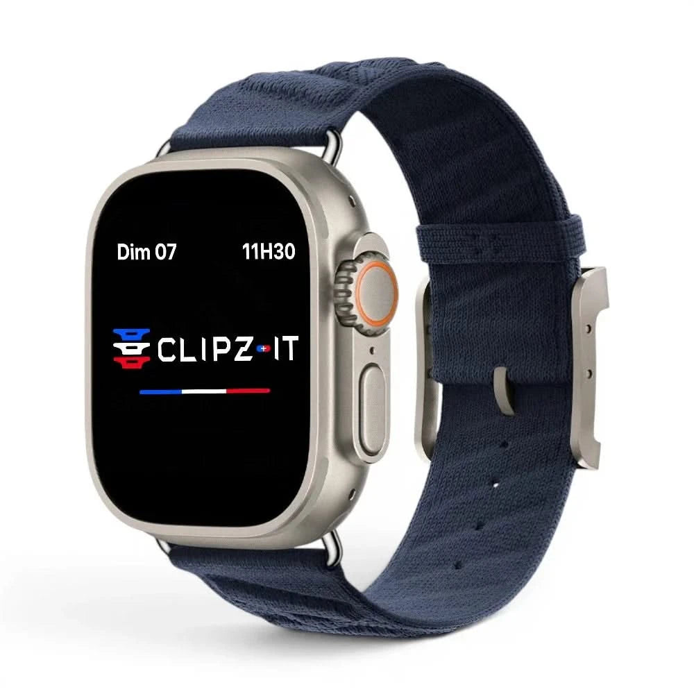 Bracelet Legado tissu tricoté bleu, vue de face - Apple Watch | Clipz-it
