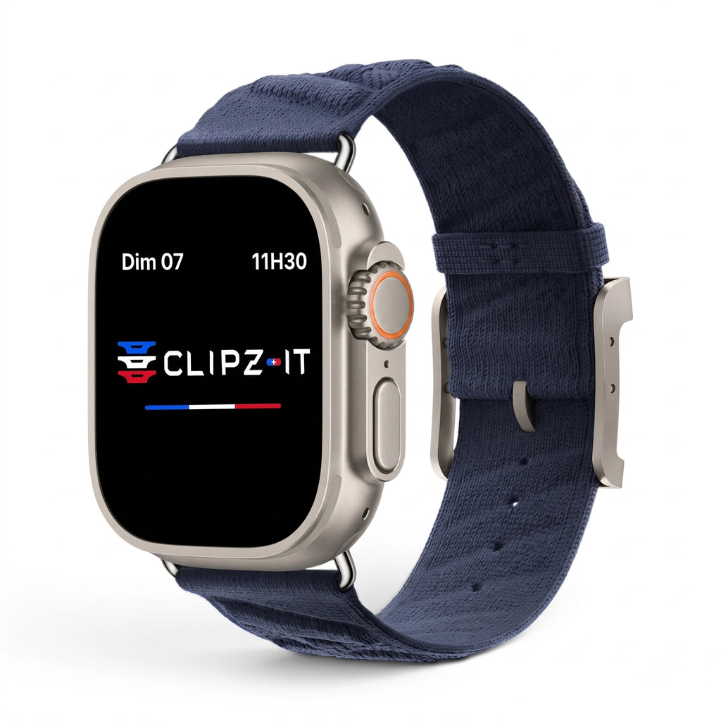 Bracelet Legado tissu tricoté bleu, vue de face - Apple Watch | Clipz-it