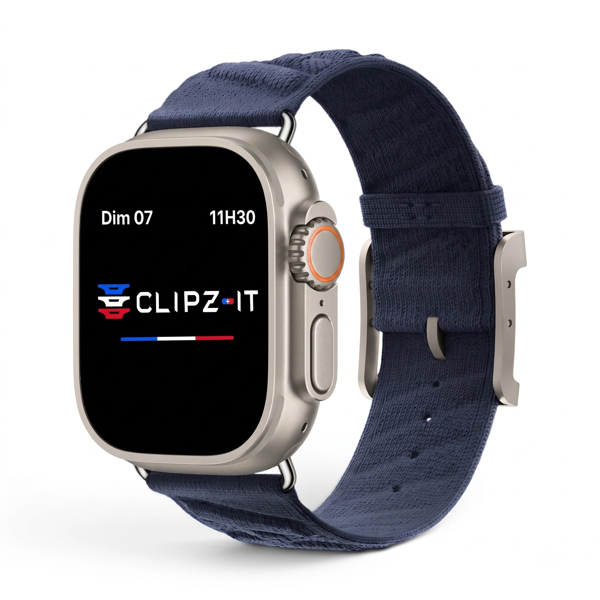 Bracelet Legado tissu tricoté bleu, vue de face - Apple Watch | Clipz-it