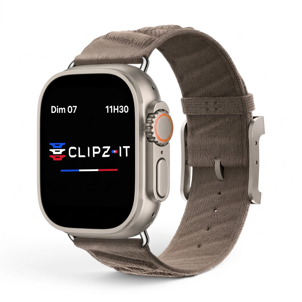 Bracelet Legado tissu tricoté café, vue de face - Apple Watch | Clipz-it