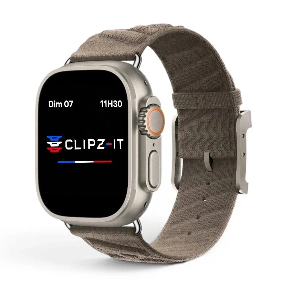 Bracelet Legado tissu tricoté café, vue de face - Apple Watch | Clipz-it