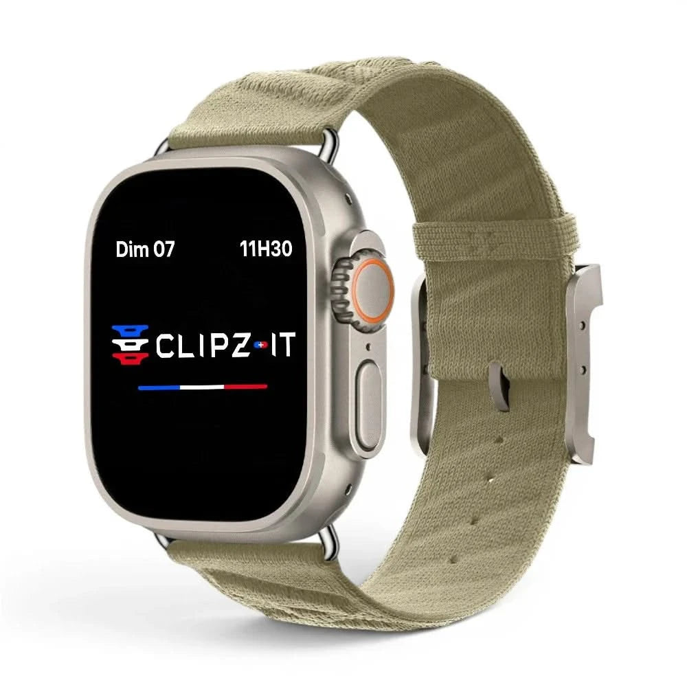Bracelet Legado tissu tricoté kaki, vue de face - Apple Watch | Clipz-it