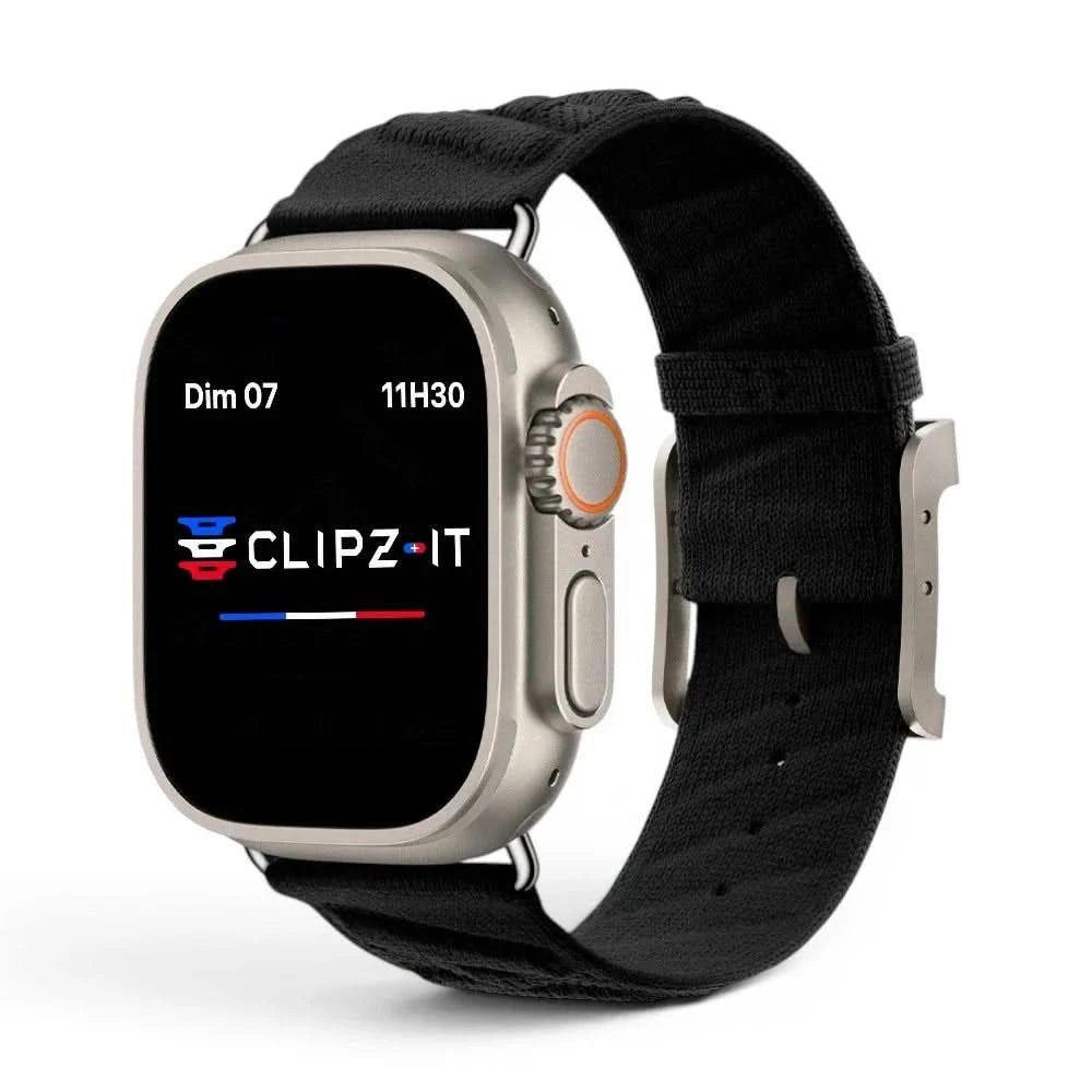 Bracelet Legado tissu tricoté noir, vue de face - Apple Watch | Clipz-it