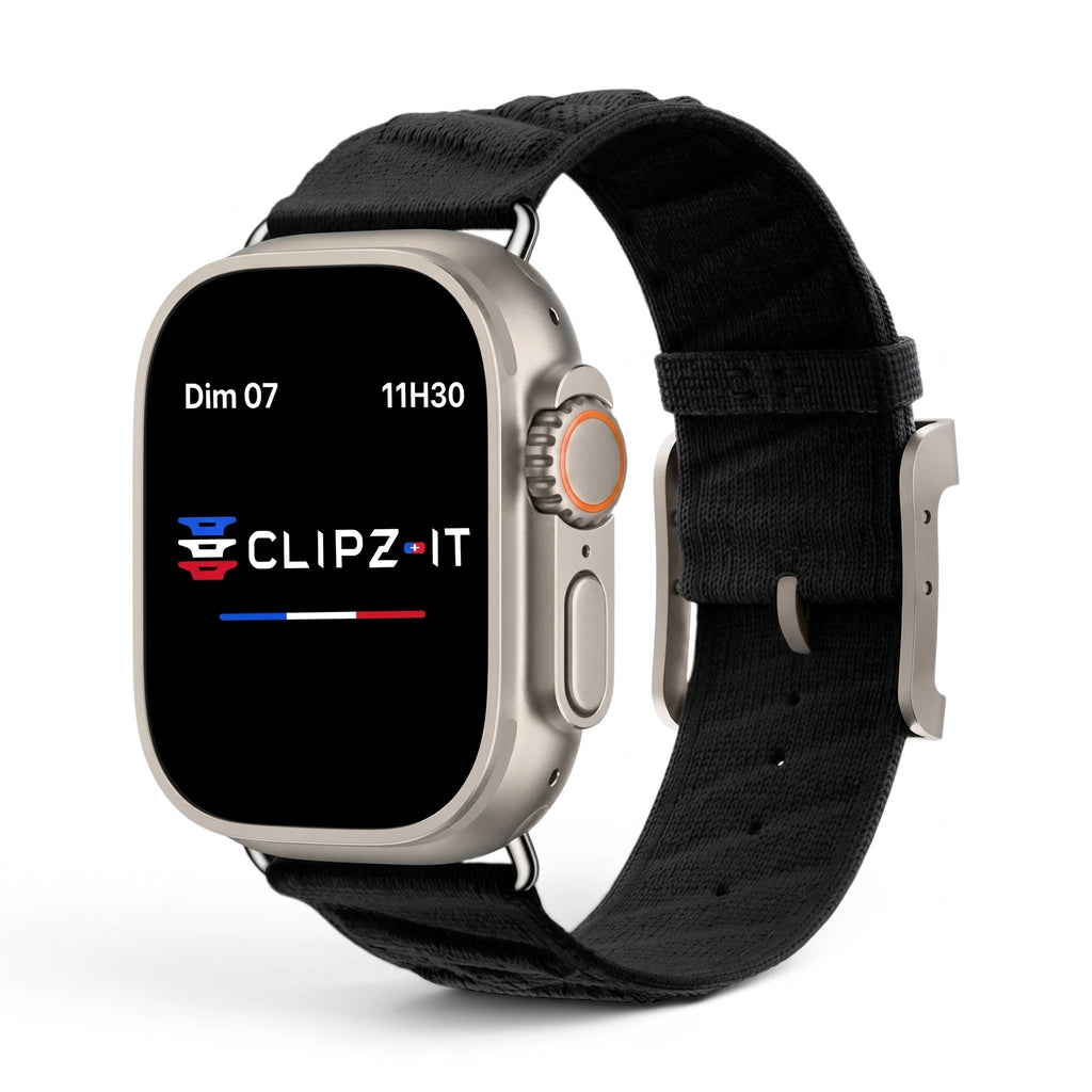 Bracelet Legado tissu tricoté noir, vue de face - Apple Watch | Clipz-it