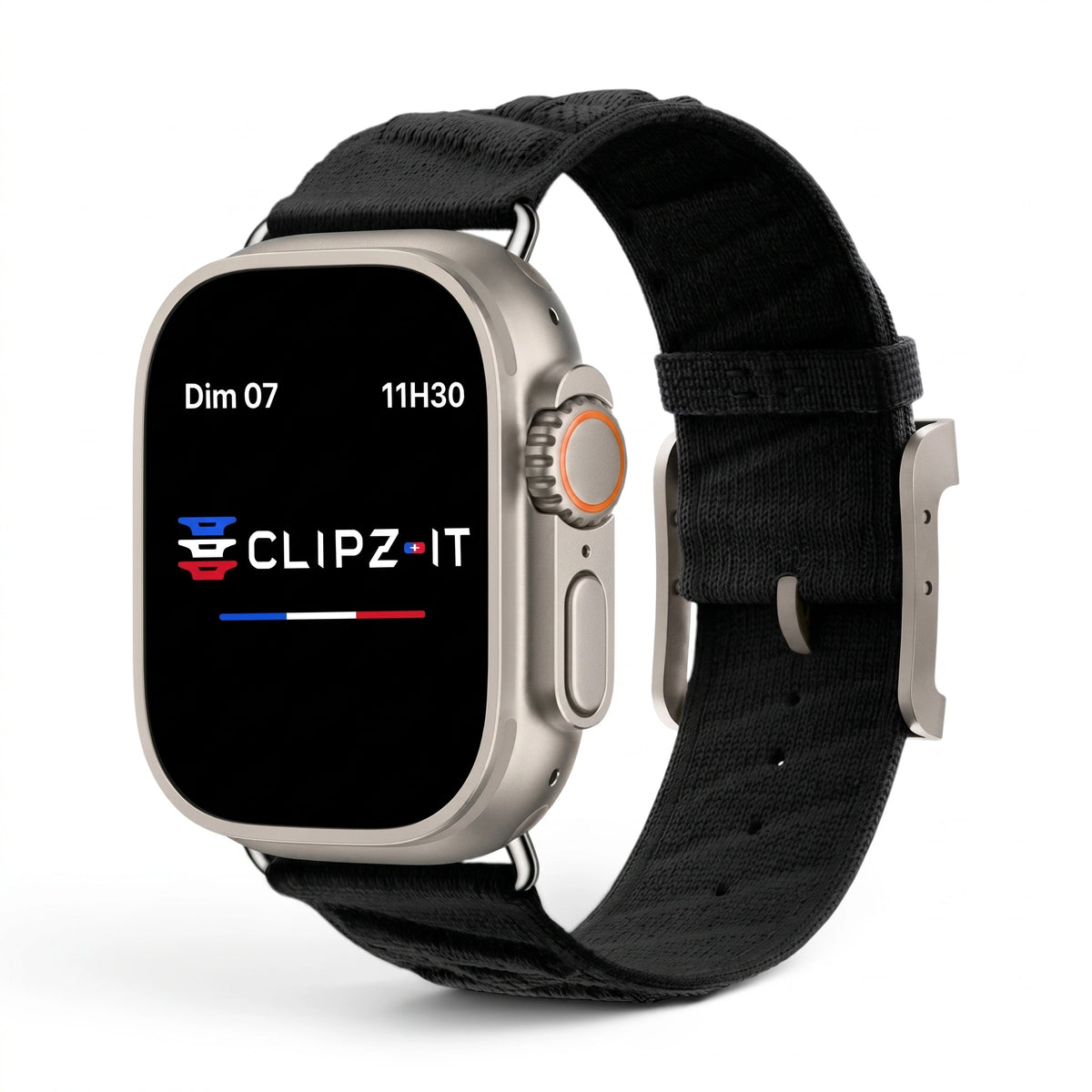 Bracelet Legado tissu tricoté noir, vue de face - Apple Watch | Clipz-it