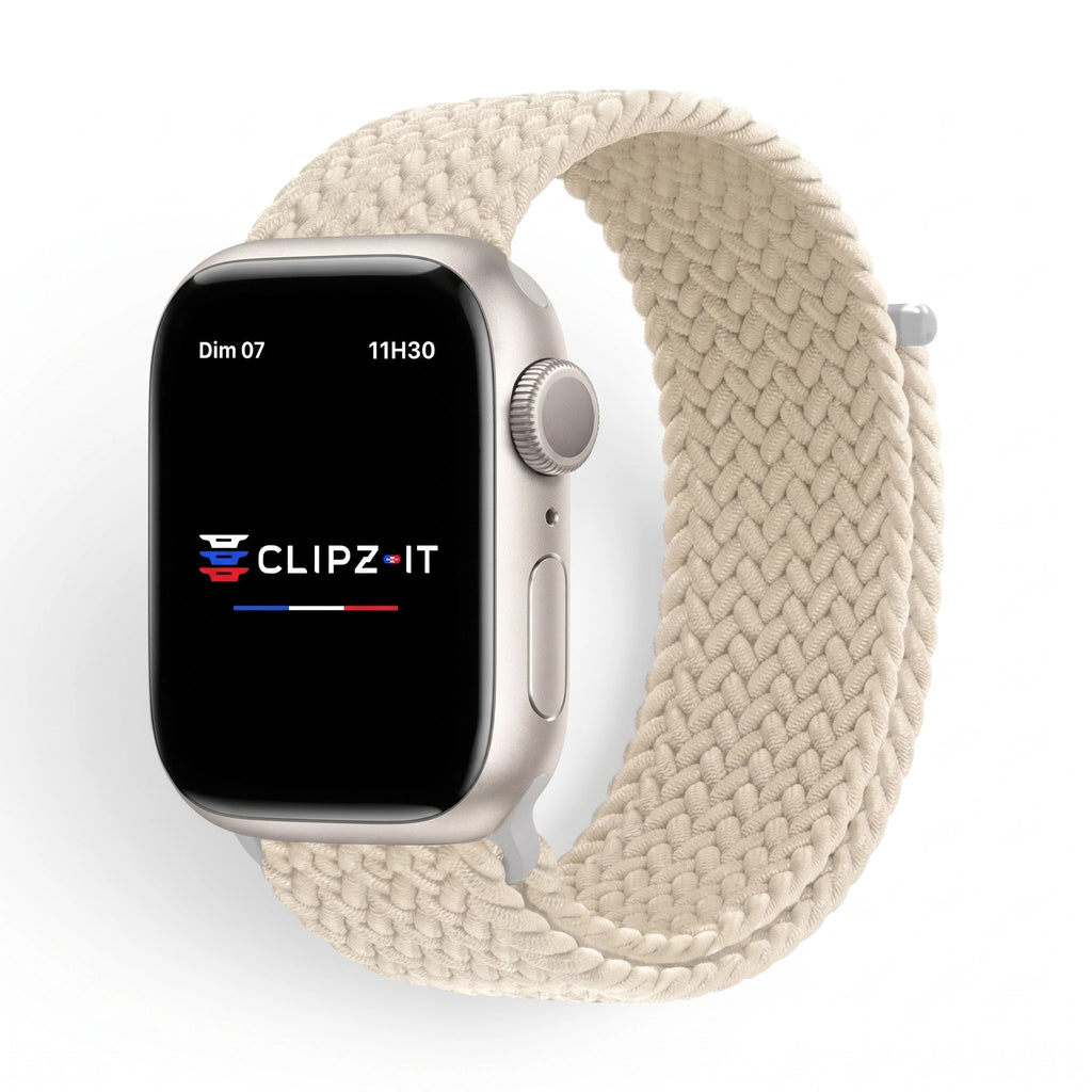 Bracelet Loop nylon tressé blanc cassé, vue de face - Apple Watch | Clipz-it