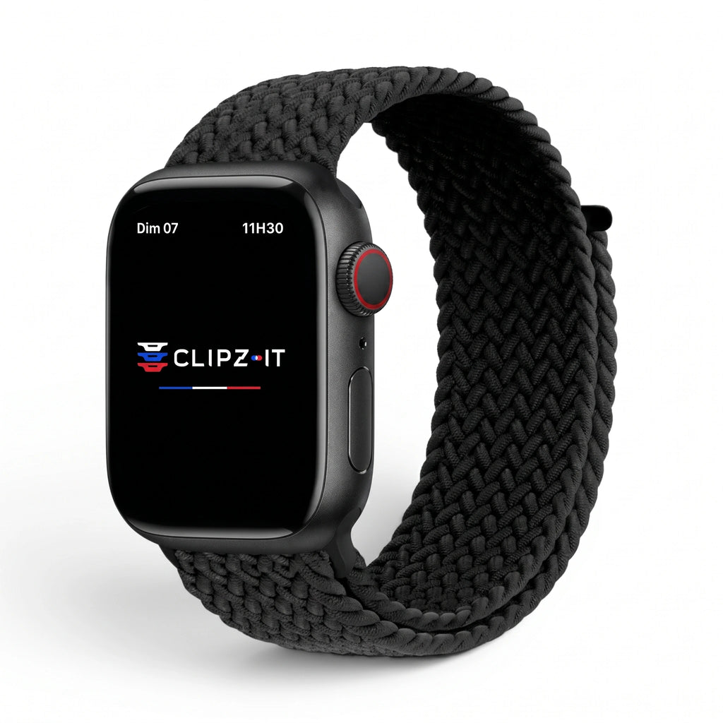 Bracelet Loop nylon tressé noir, vue de face - Apple Watch | Clipz-it