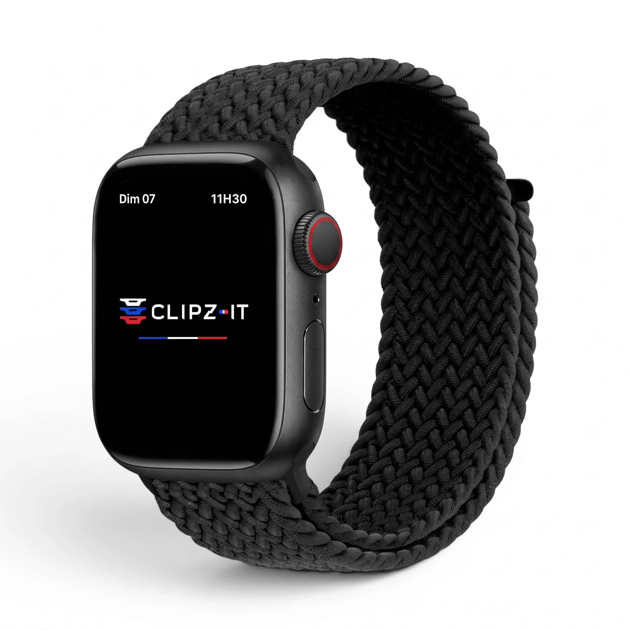 Bracelet Loop nylon tressé noir, vue de face - Apple Watch | Clipz-it