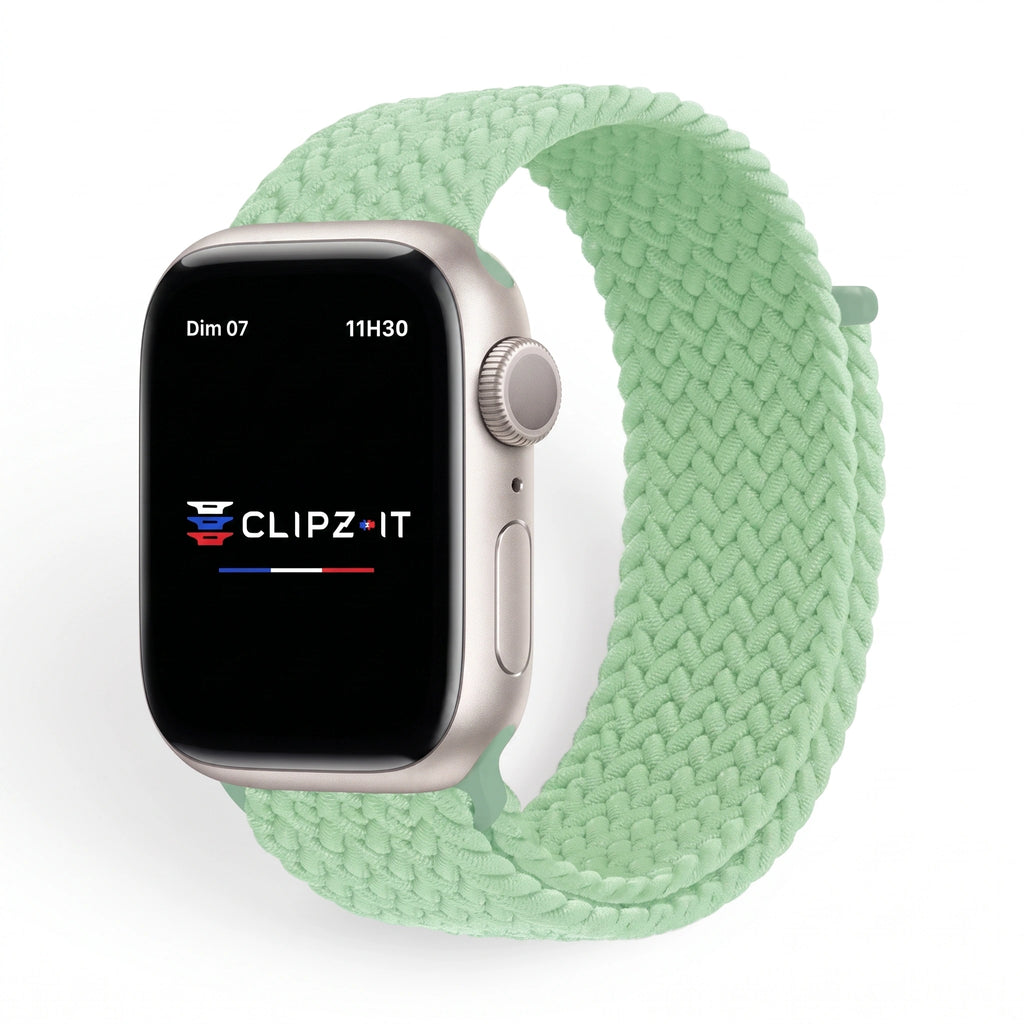 Bracelet Loop nylon tressé pistache, vue de face - Apple Watch | Clipz-it