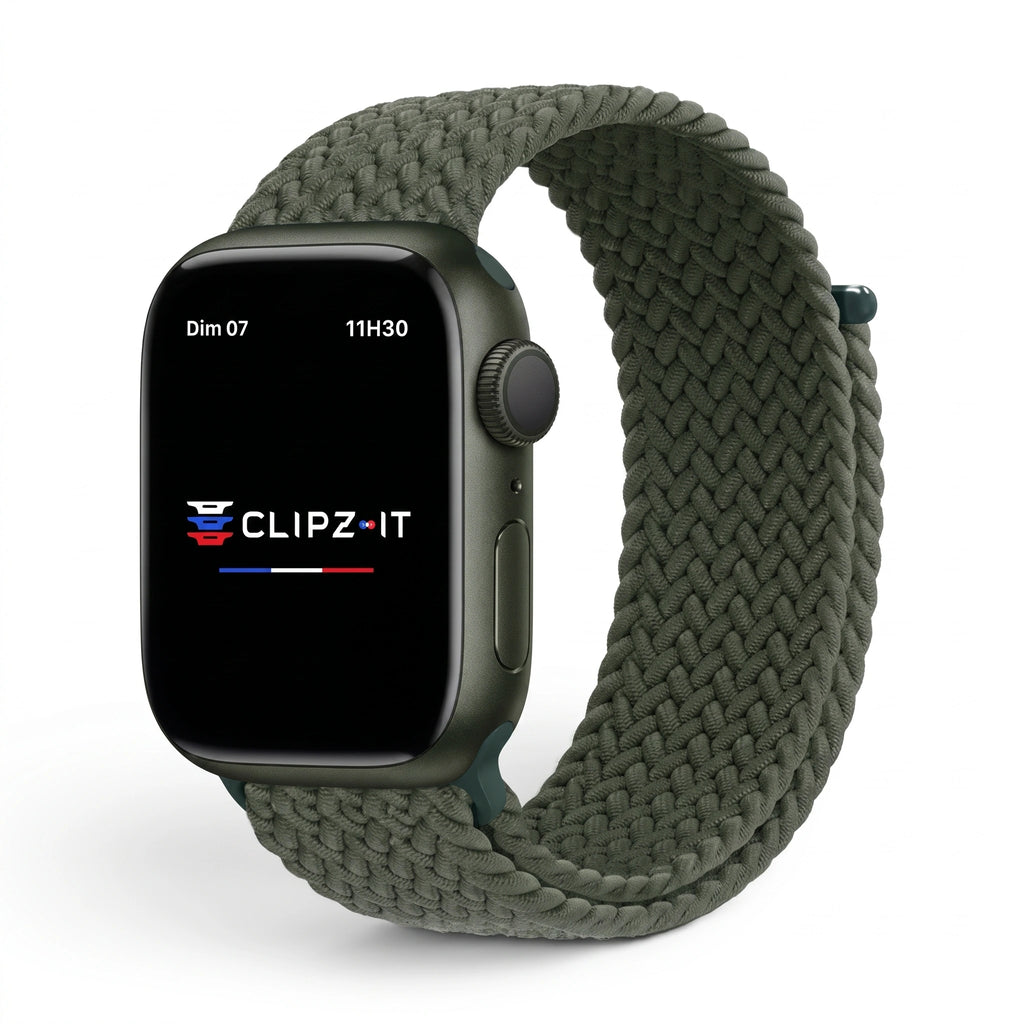 Bracelet Loop nylon tressé vert militaire, vue de face - Apple Watch | Clipz-it