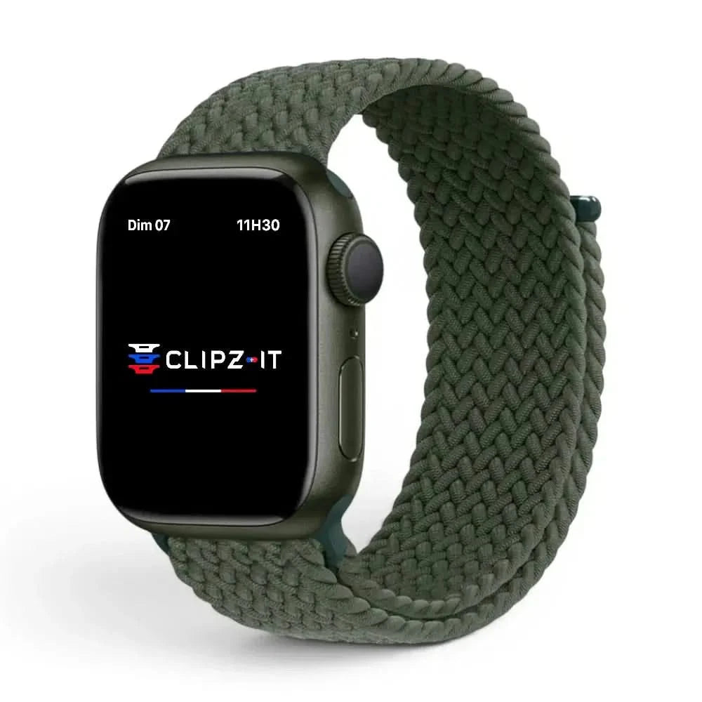 Bracelet Loop nylon tressé vert militaire, vue de face - Apple Watch | Clipz-it