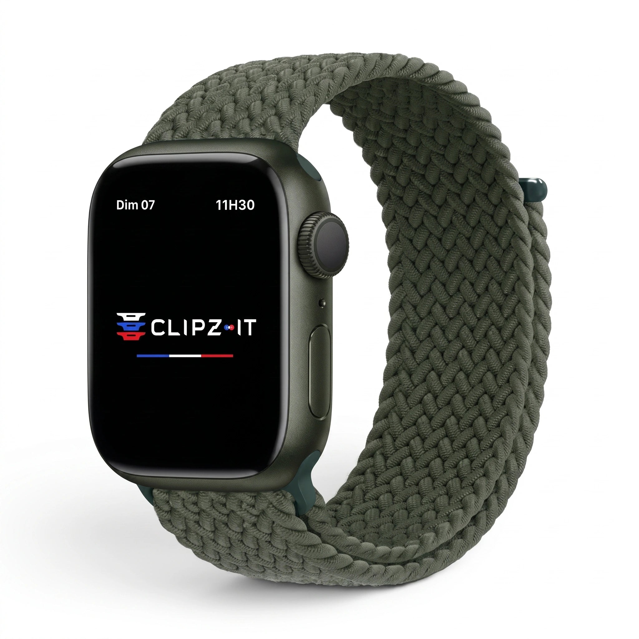 Bracelet Loop nylon tressé vert militaire, vue de face - Apple Watch | Clipz-it