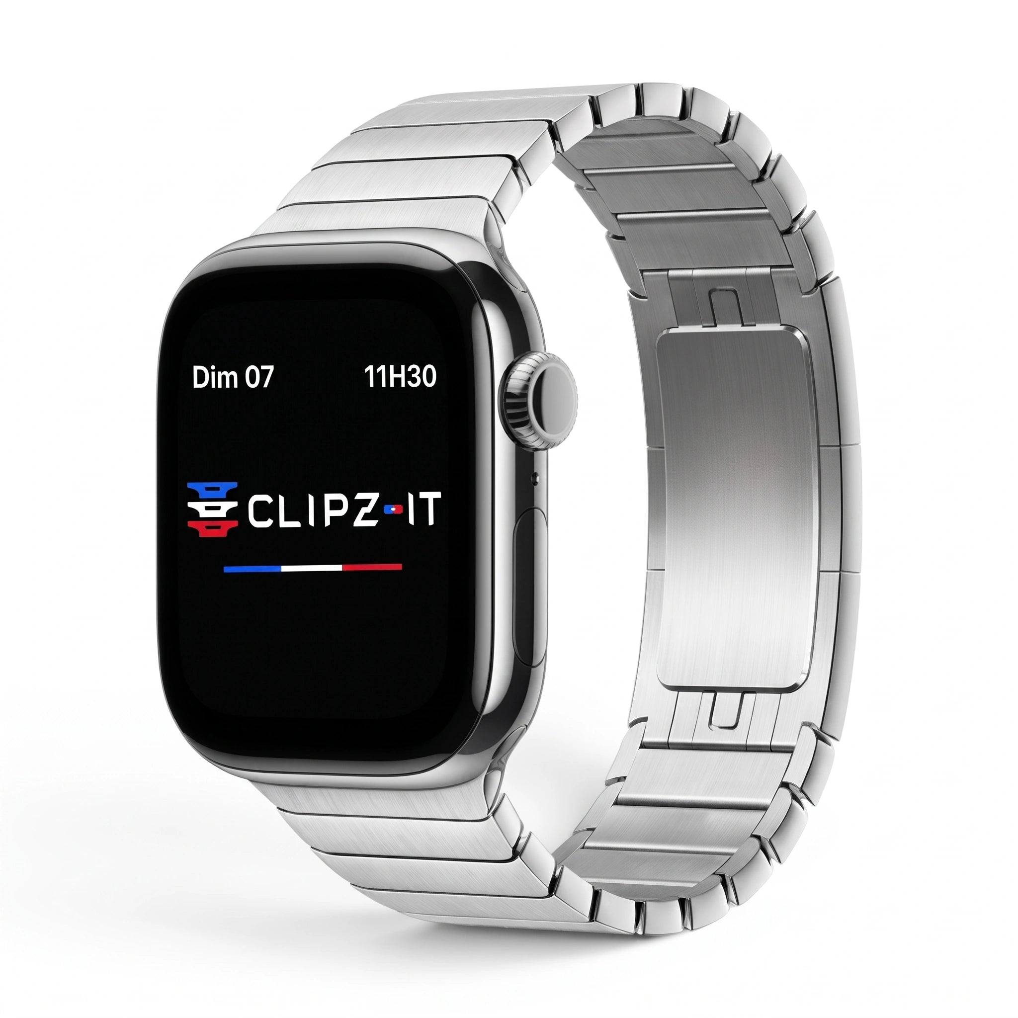 Bracelet Maillon acier inoxydable maillons argent, vue de face - Apple Watch | Clipz-it