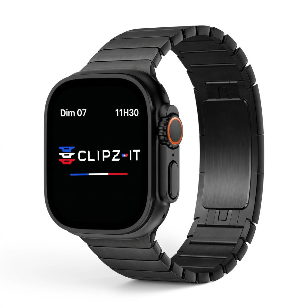 Bracelet Maillon acier inoxydable maillons noir, vue de face - Apple Watch | Clipz-it