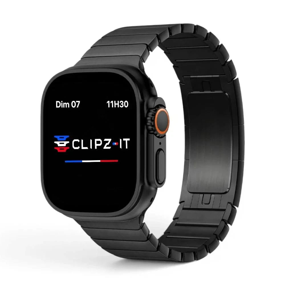 Bracelet Maillon acier inoxydable maillons noir, vue de face - Apple Watch | Clipz-it