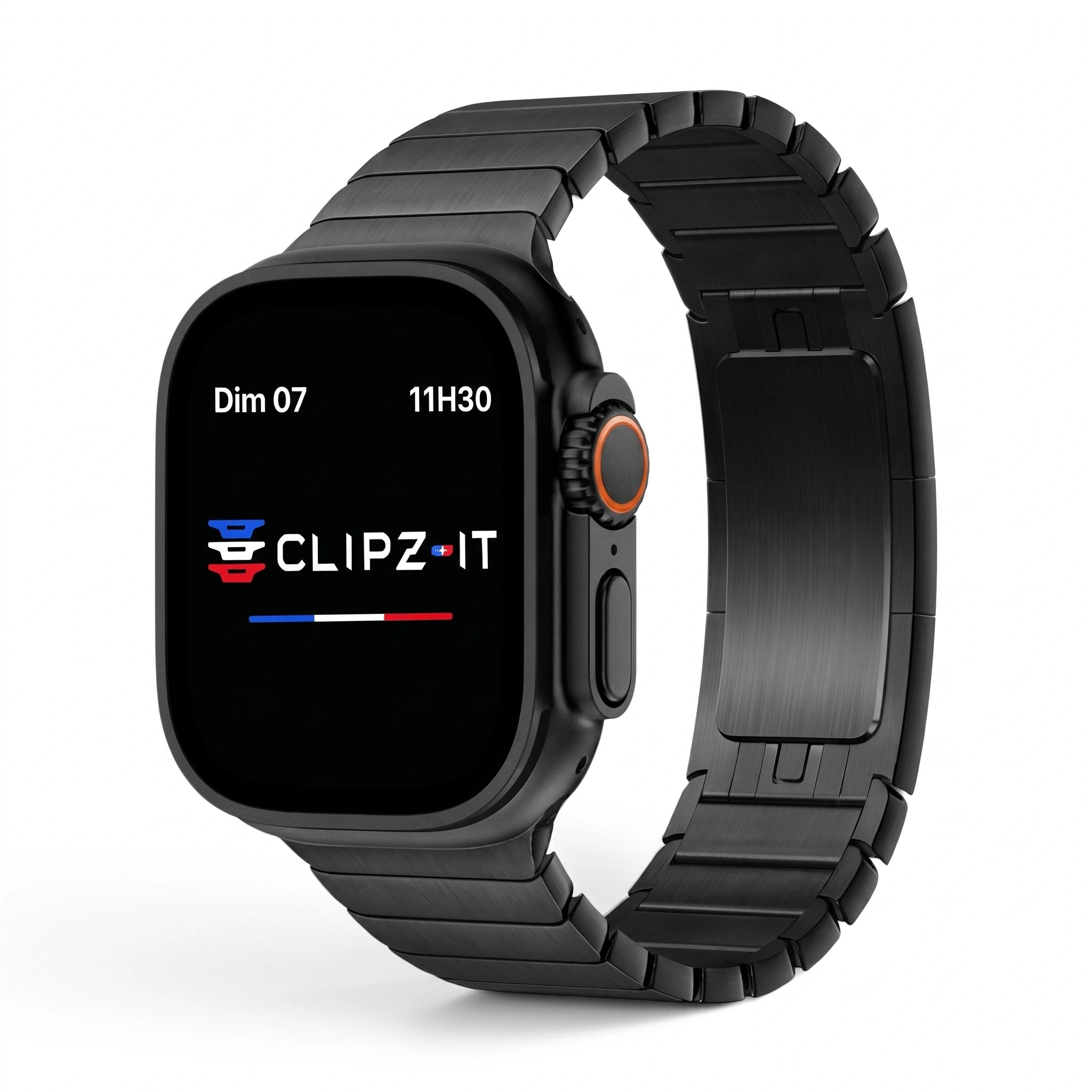 Bracelet Maillon acier inoxydable maillons noir, vue de face - Apple Watch | Clipz-it