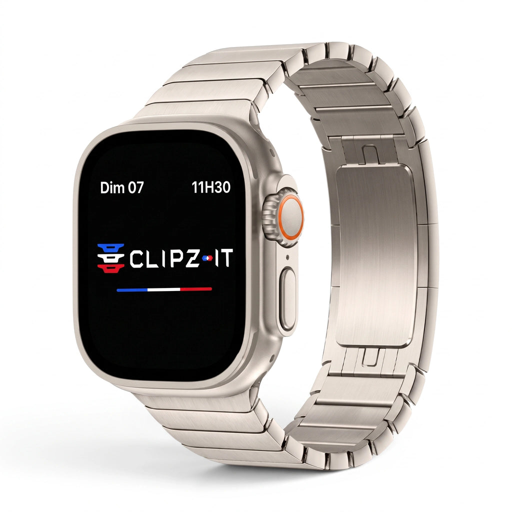 Bracelet Maillon acier inoxydable maillons titane, vue de face - Apple Watch | Clipz-it