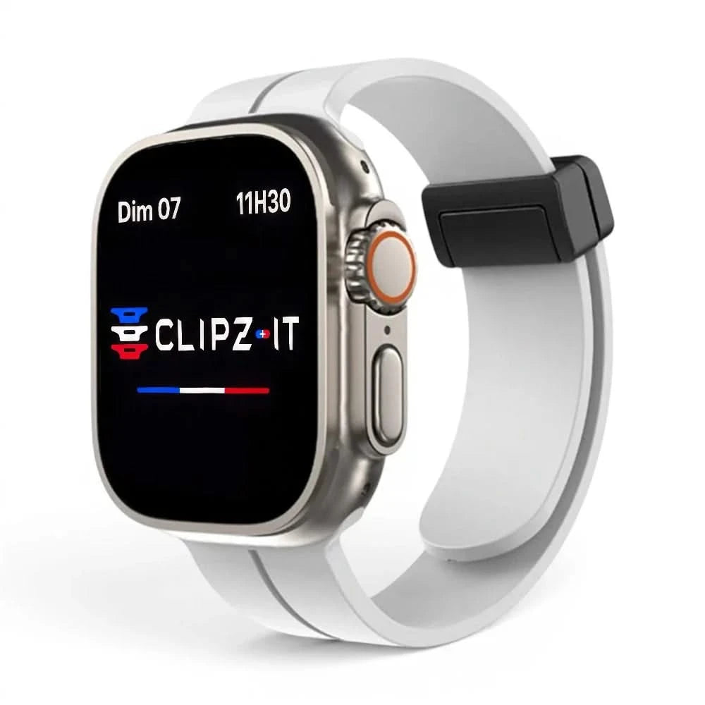 Bracelet Marina silicone aimanté marin blanc, vue de face - Apple Watch | Clipz-it