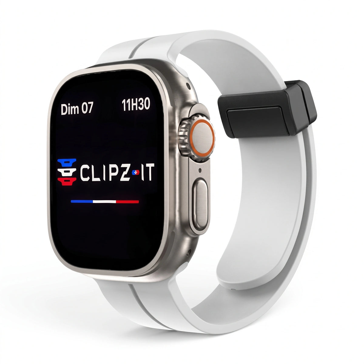 Bracelet Marina silicone aimanté marin blanc, vue de face - Apple Watch | Clipz-it