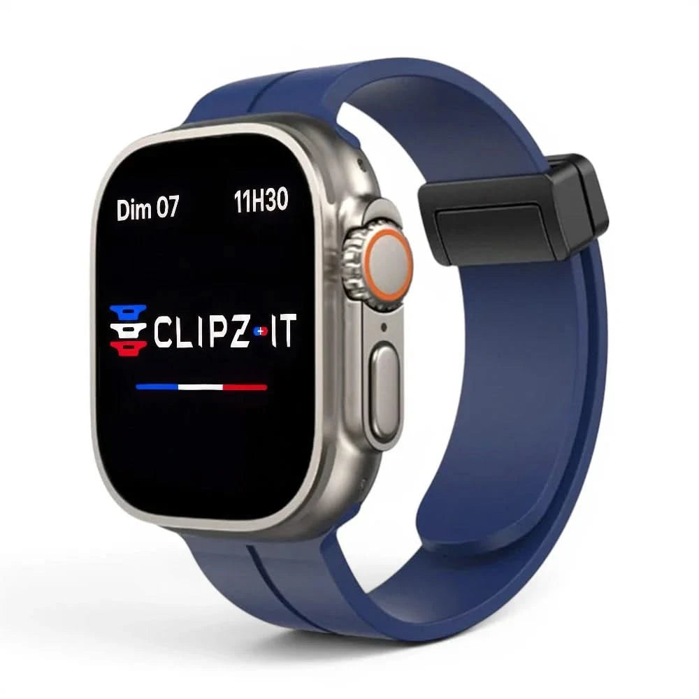 Bracelet Marina silicone aimanté marin bleu, vue de face - Apple Watch | Clipz-it