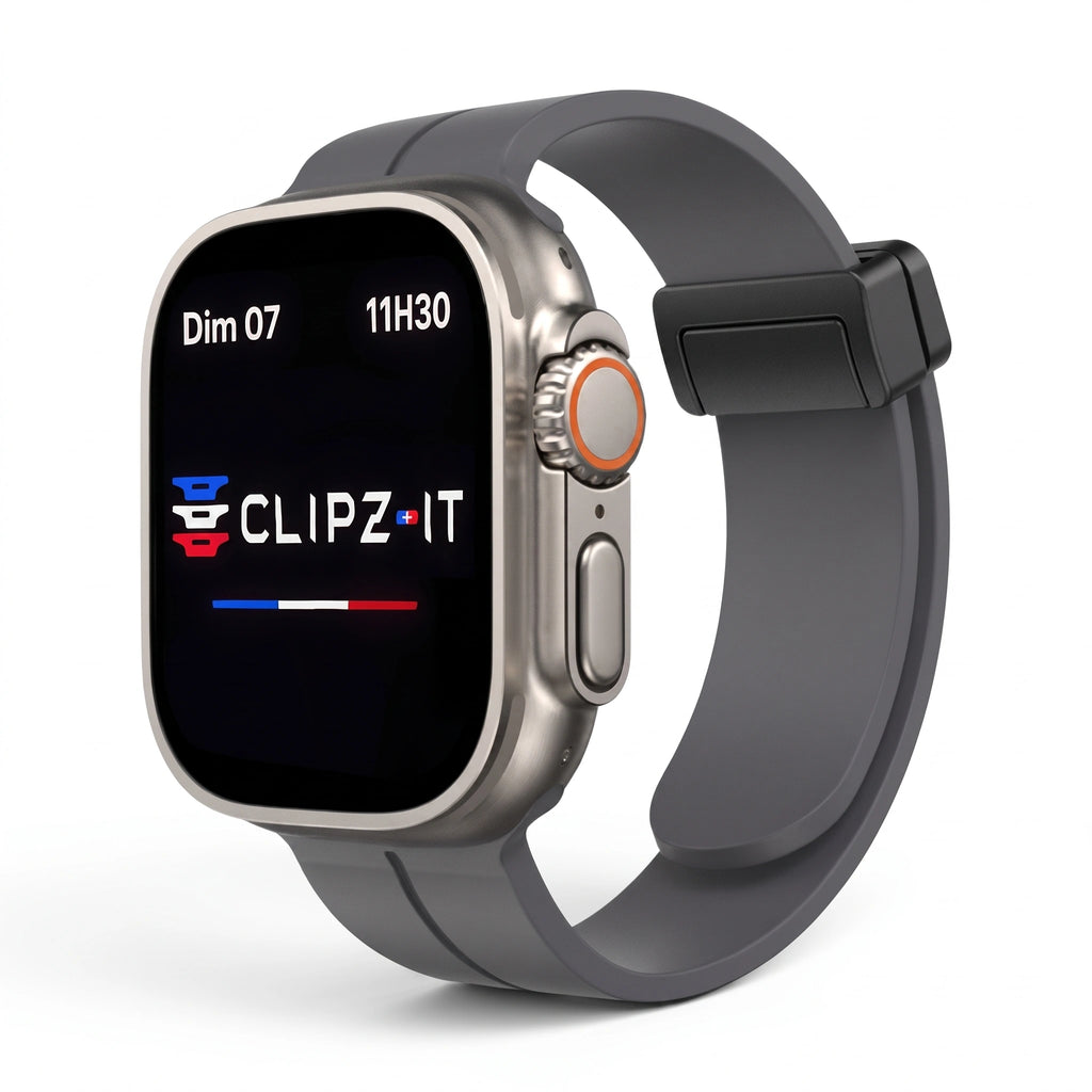 Bracelet Marina silicone aimanté marin gris, vue de face - Apple Watch | Clipz-it