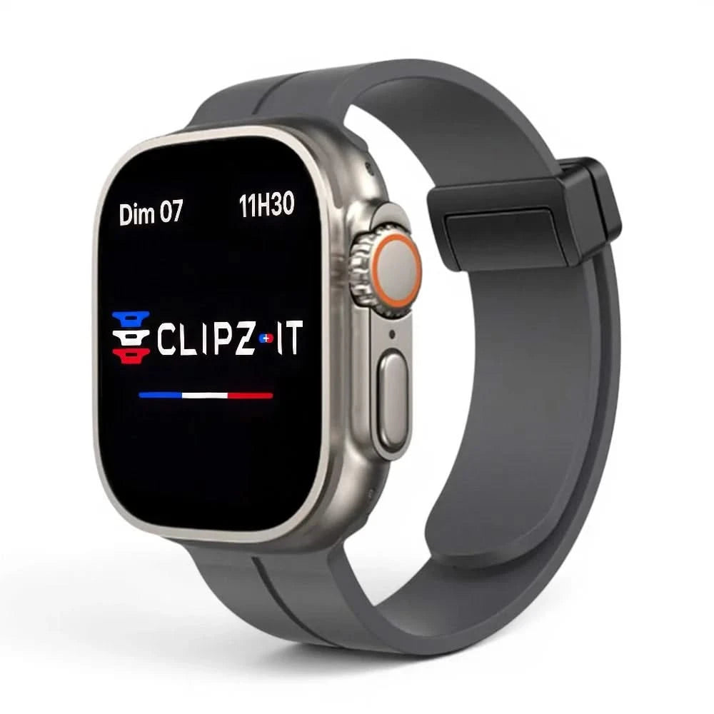 Bracelet Marina silicone aimanté marin gris, vue de face - Apple Watch | Clipz-it