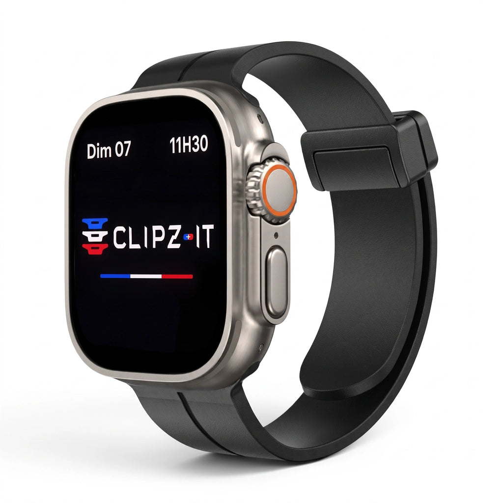 Bracelet Marina silicone aimanté marin noir, vue de face - Apple Watch | Clipz-it