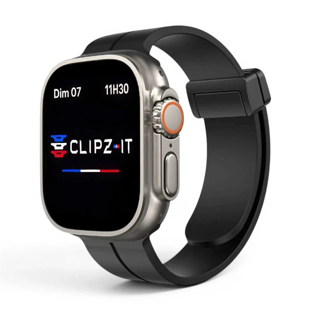 Bracelet Marina silicone aimanté marin noir, vue de face - Apple Watch | Clipz-it