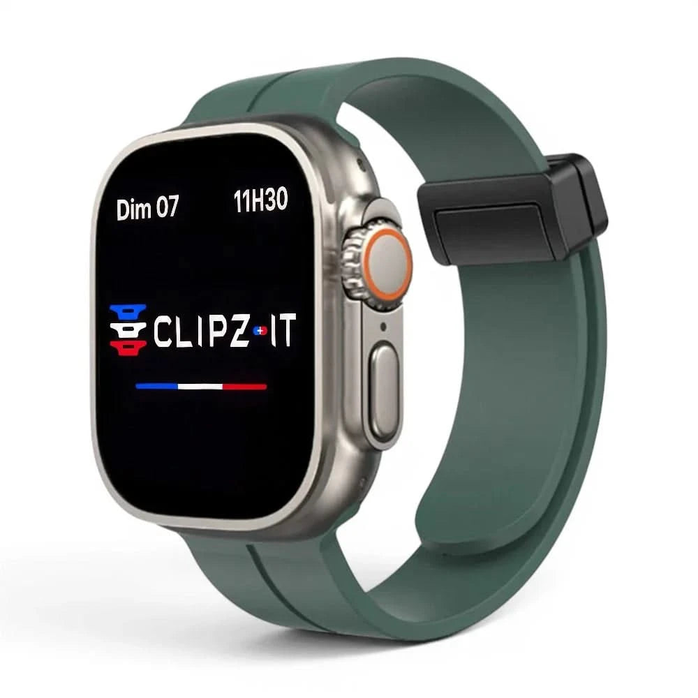 Bracelet Marina silicone aimanté marin vert, vue de face - Apple Watch | Clipz-it