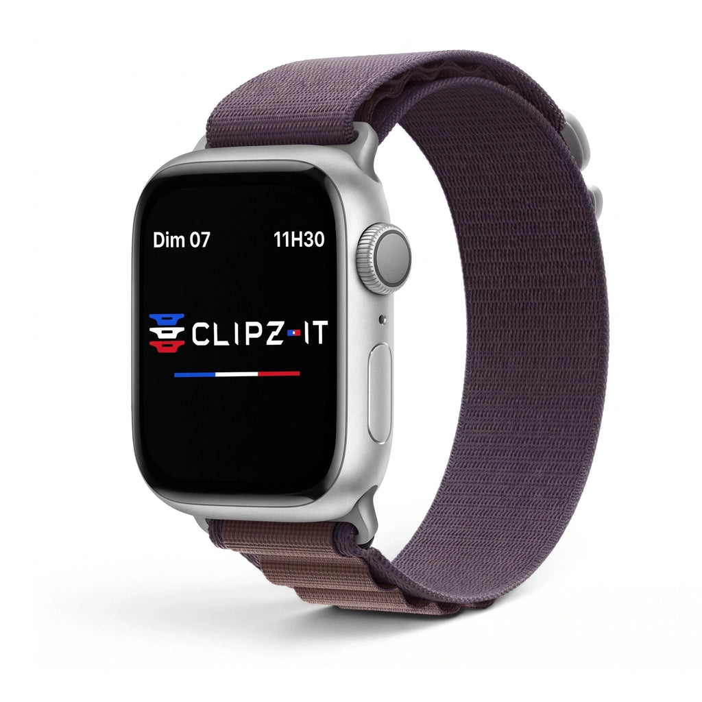 Cinturino Massif in nylon sportivo argento con fibbia argento, vista frontale 3 - Apple Watch | Clipz-it