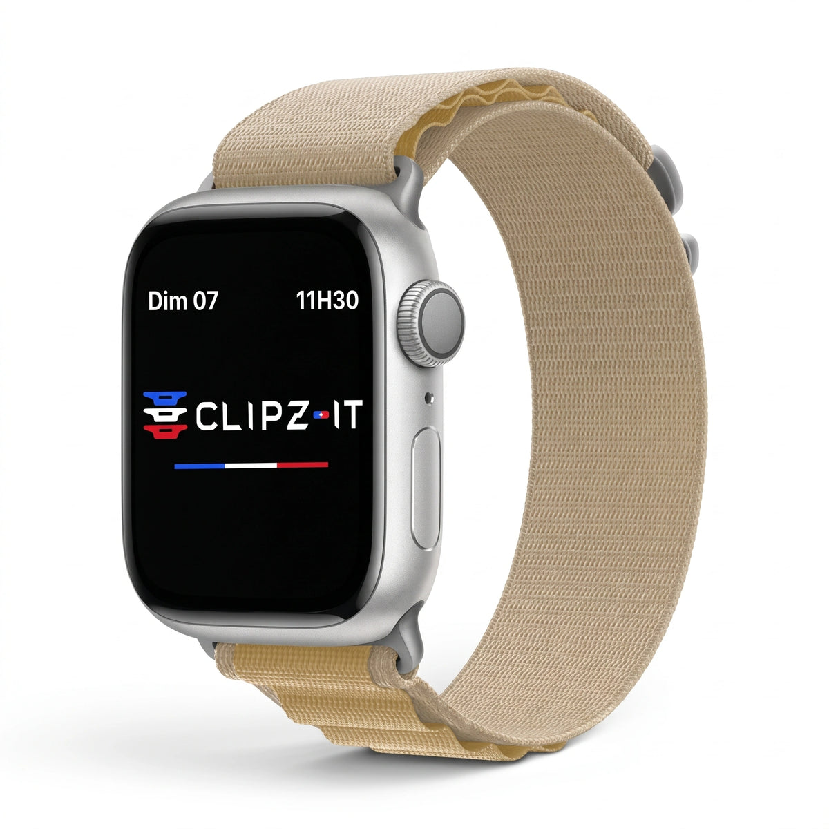 Cinturino Massif in nylon sportivo argento con fibbia argento, vista frontale - Apple Watch | Clipz-it